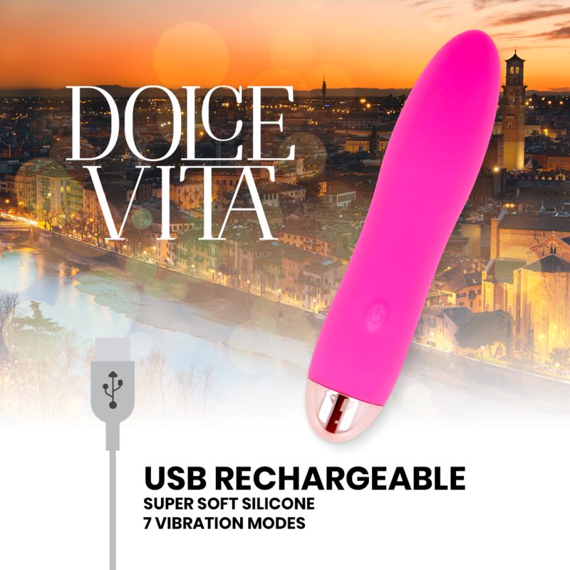 Pinker Silikon-Vibrator mit USB-Ladekabel. Text: Dolce Vita, USB Rechargeable, 7 Vibration Modes.