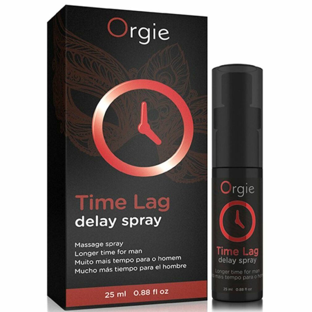 Schwarze Schachtel und Flasche. Rotes Logo und Schriftzug. Produktname: Time Lag Delay Spray. 25 ml.