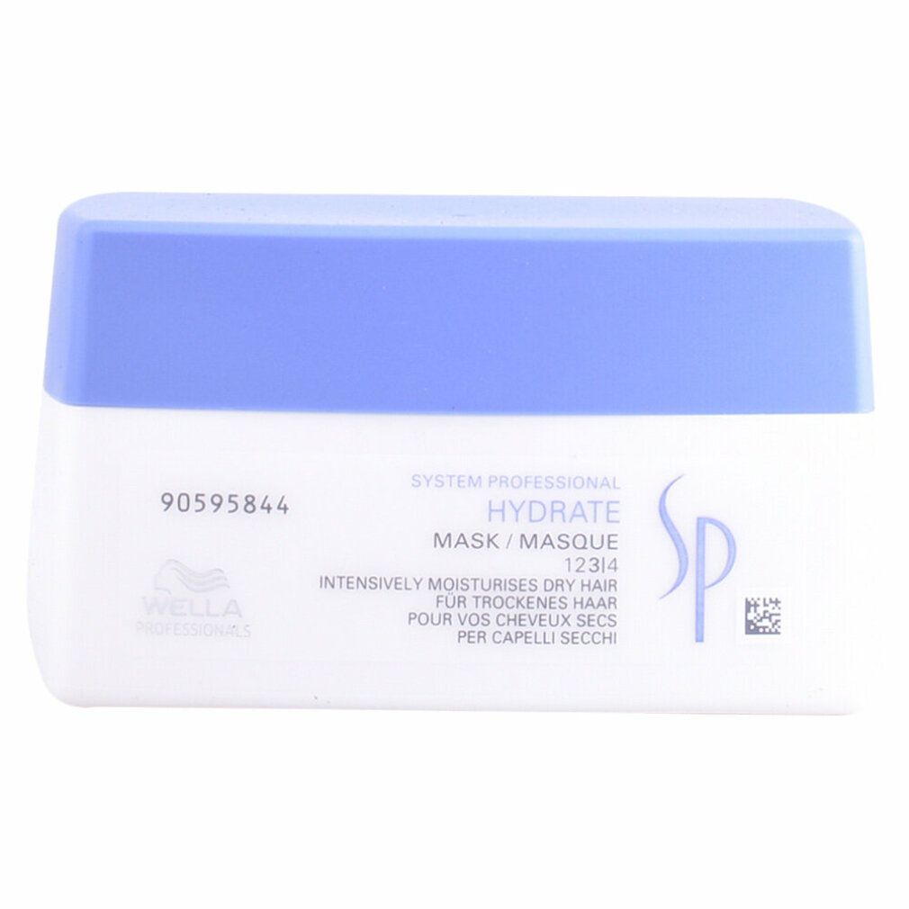 Weiß-blaue Dose. Aufschrift: Hydrate Mask, Wella Professionals Logo, SP Logo, Text in mehreren Sprachen.