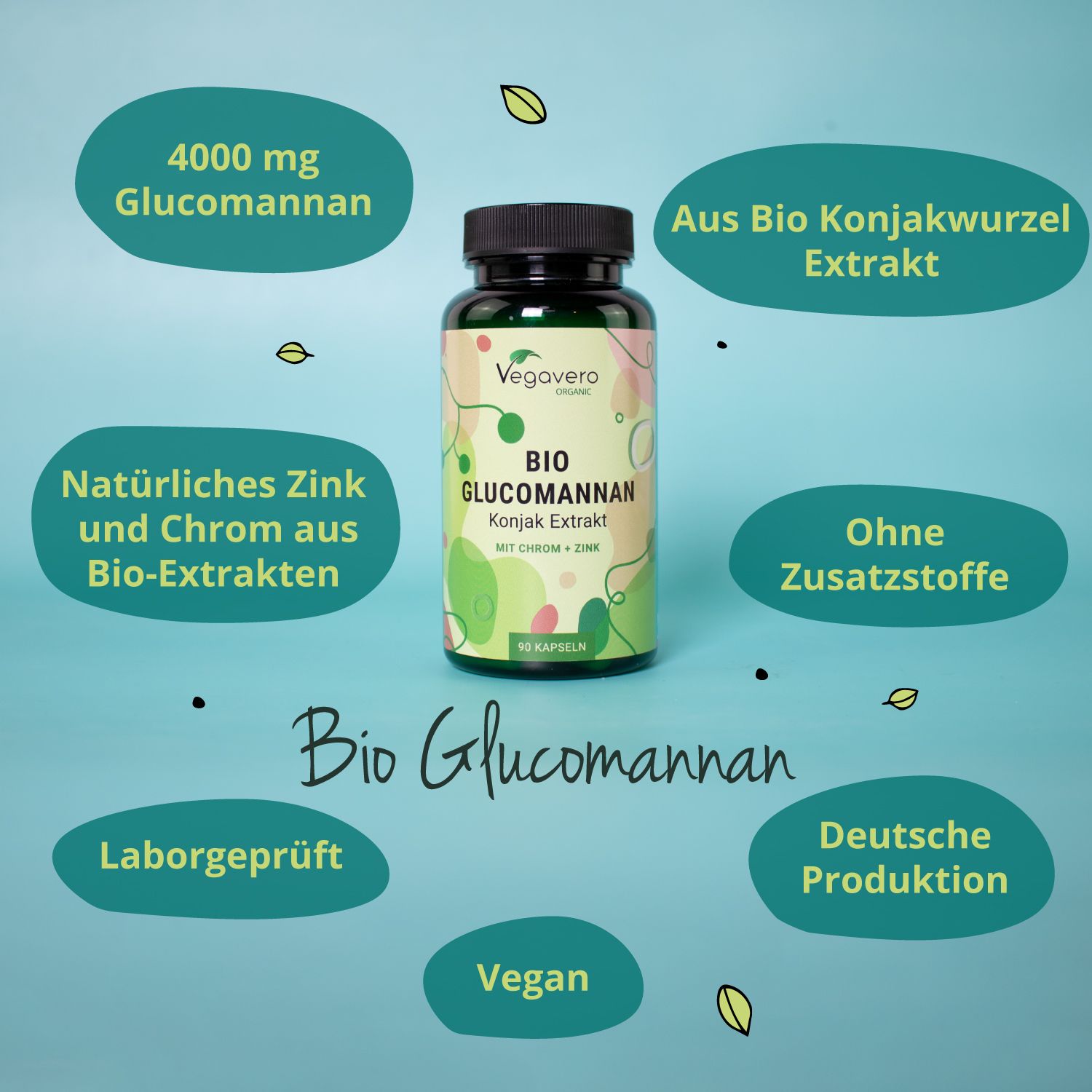 Flasche mit BIO Glucomannan. Text: 4000 mg Glucomannan, natürliches Zink und Chrom, ohne Zusatzstoffe, Laborgeprüft, Vegan, Deutsche Produktion.