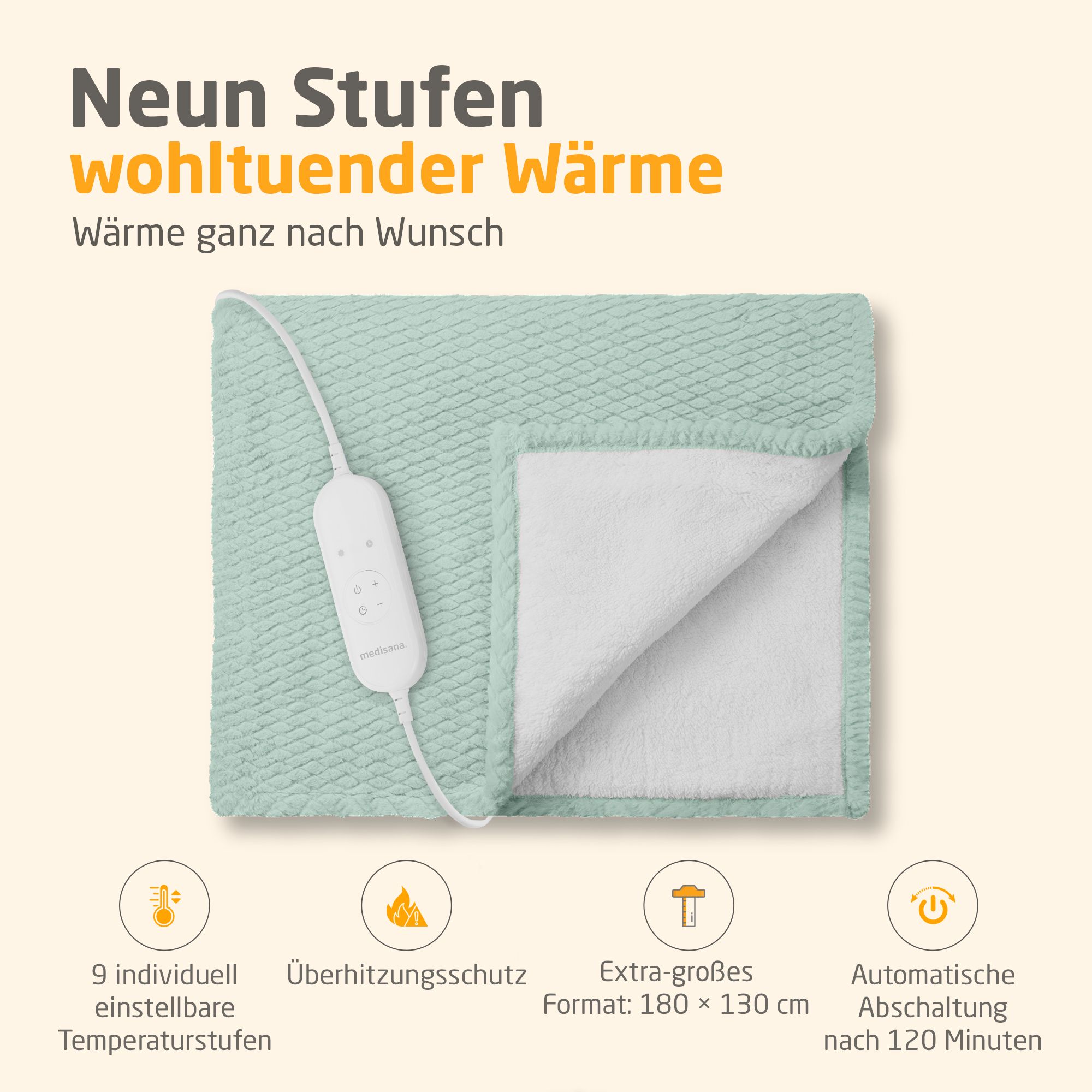 Heizdecke, savage green. Mit Kabel und Bedienelement. 180 x 130 cm. 9 Temperaturstufen. Überhitzungsschutz. Automatische Abschaltung.