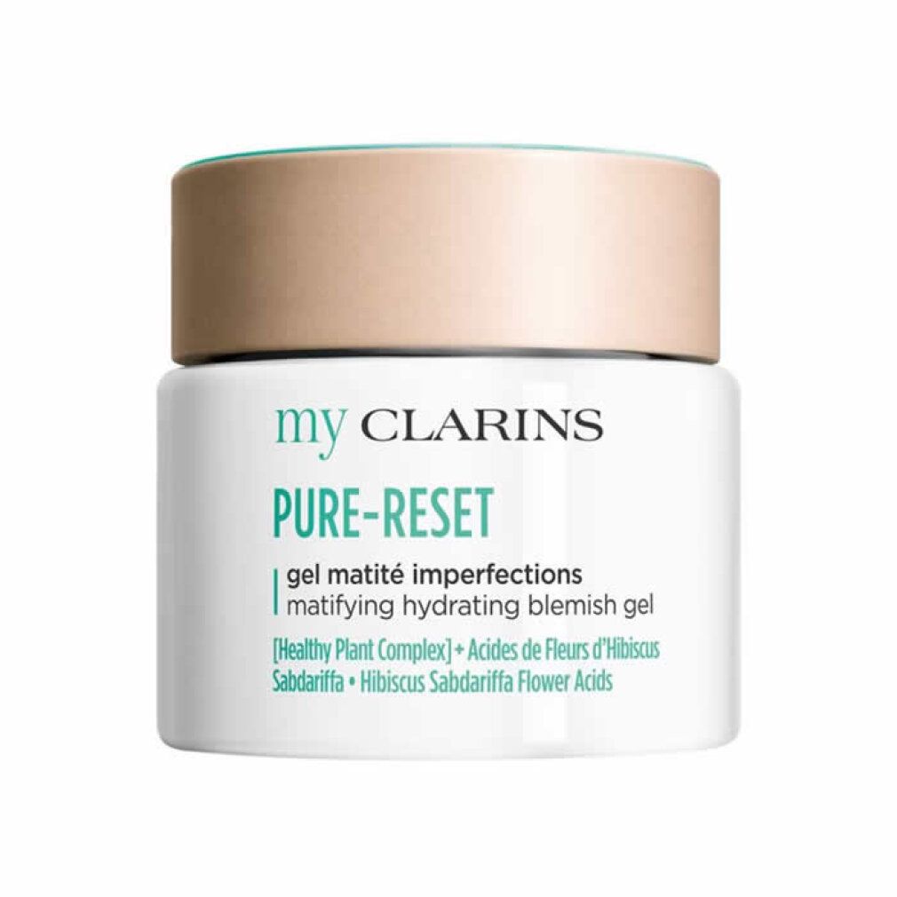 Weißer Tiegel mit beigem Deckel. Aufschrift: my CLARINS PURE-RESET, gel matité imperfections, matifying hydrating blemish gel.