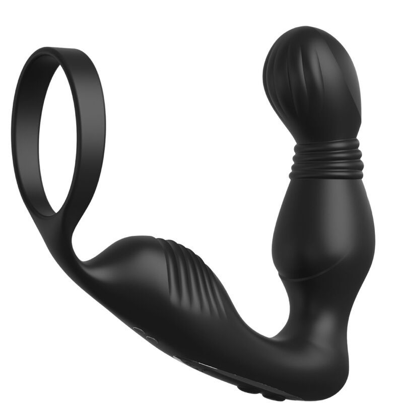 Schwarzes Massagegerät mit Penisring. Ring, geriffelte Basis, abgerundetes Ende. Auf weißem Hintergrund.
