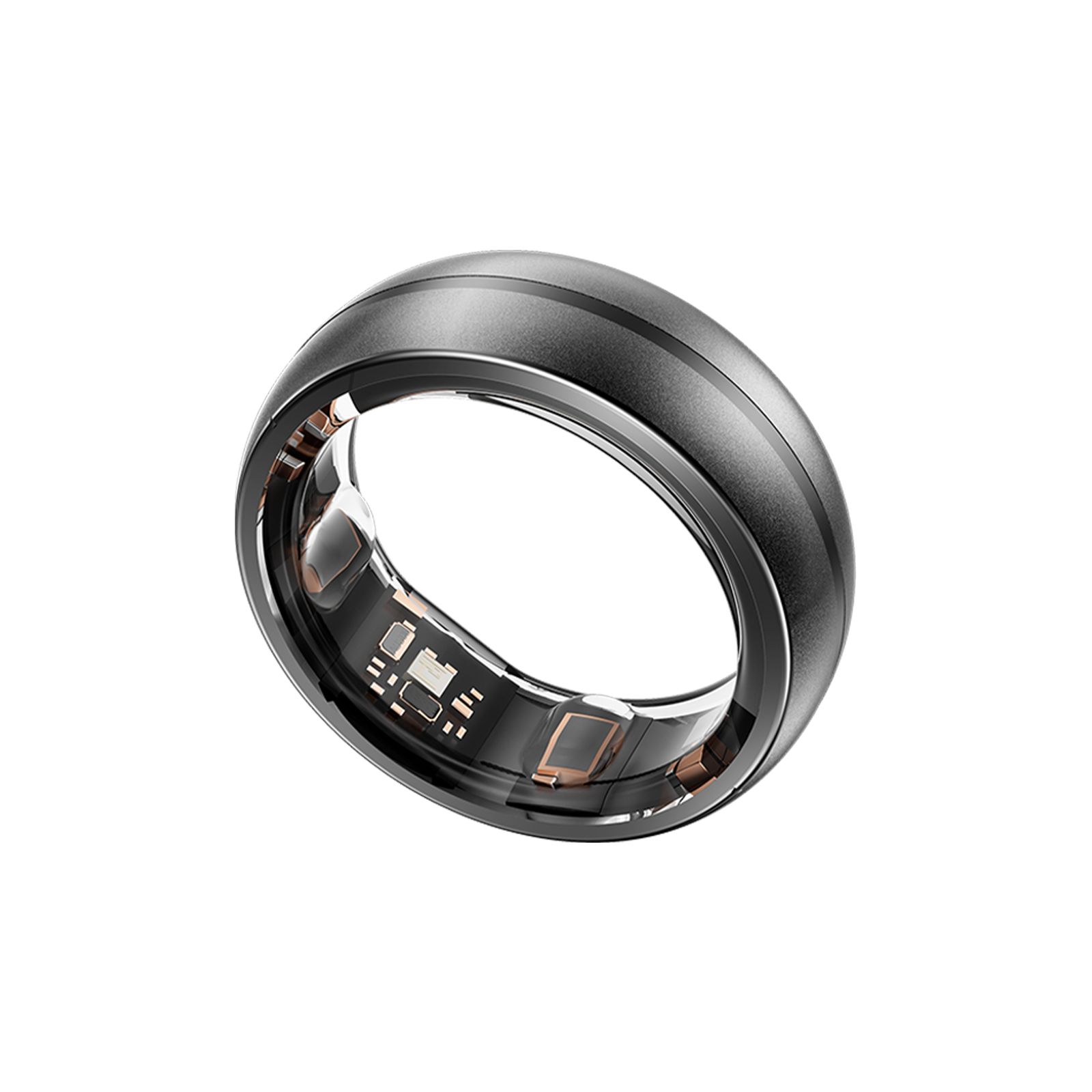Silberfarbener Ring mit zwei dunklen Streifen. Innenliegende Sensoren sichtbar.