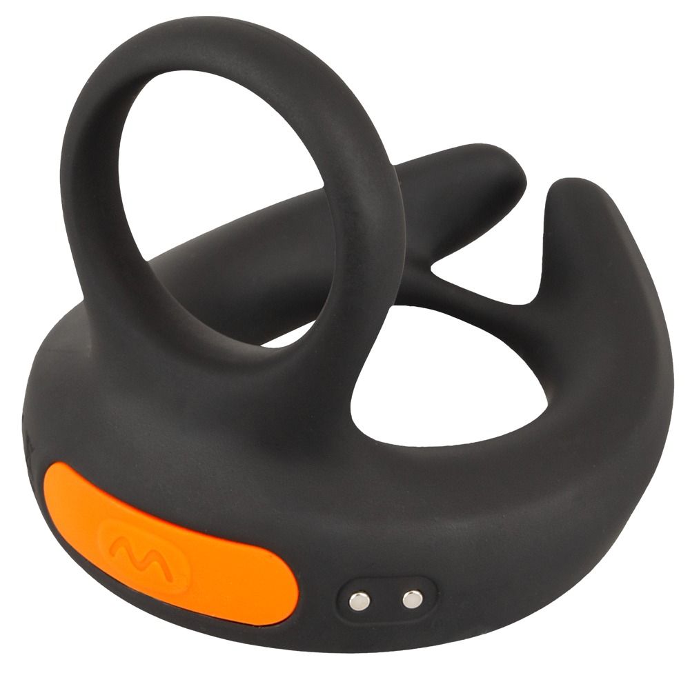 Schwarzer Hodenvibrator mit orangefarbenem Akzent und Rebel-Logo, Seitenansicht.