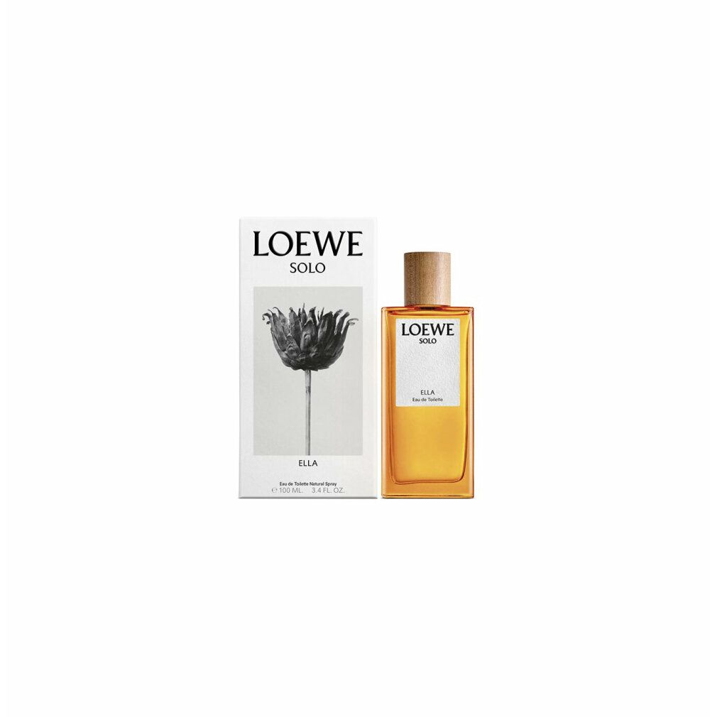 Solo Loewe Ella Edt Spray mit Verpackung. Flasche und Verpackung nebeneinander. Flasche mit Holzverschluss, gelbe Flüssigkeit.