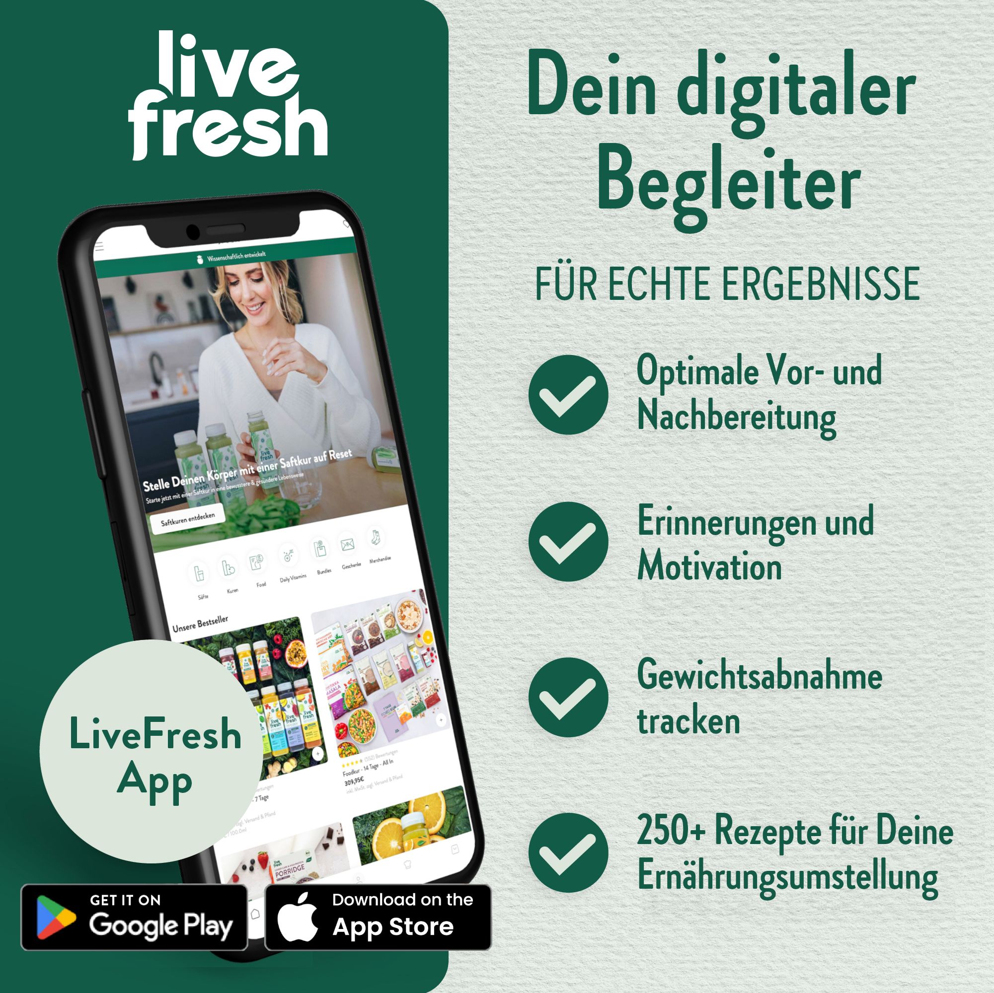 LiveFresh App-Screenshot auf Smartphone. Text: Dein digitaler Begleiter. Optimale Vor- und Nachbereitung. Erinnerungen und Motivation. Gewichtsabnahme tracken.