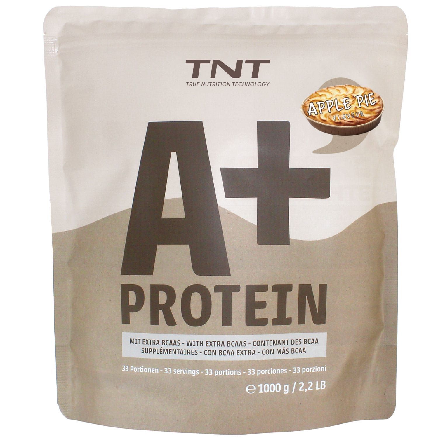 Beutel TNT A+ Protein, Apfelkuchen-Geschmack. Enthält BCAAs. 33 Portionen. 1000 g / 2,2 lb.
