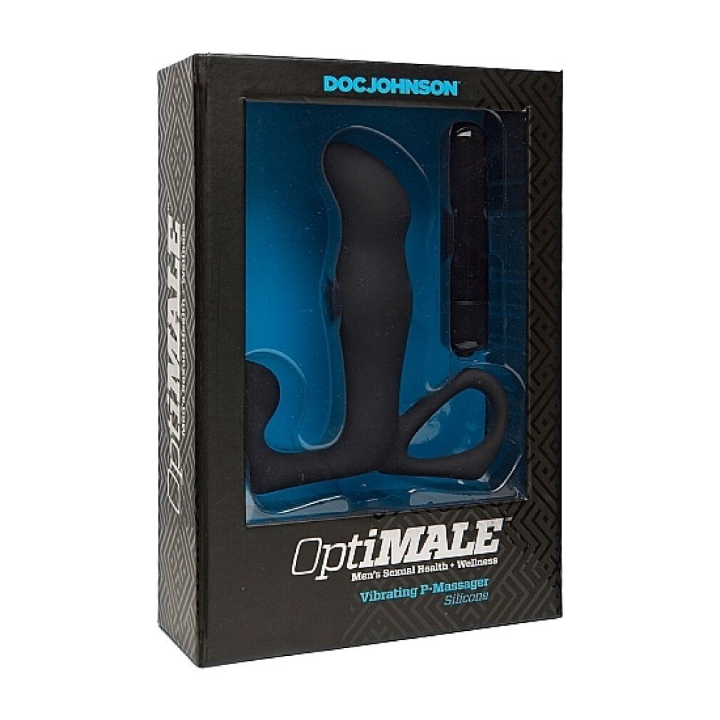 Verpackung mit schwarzem Sextoy. Enthält ein gebogenes Toy und einen Vibrator. Aufschrift: OptiMALE.