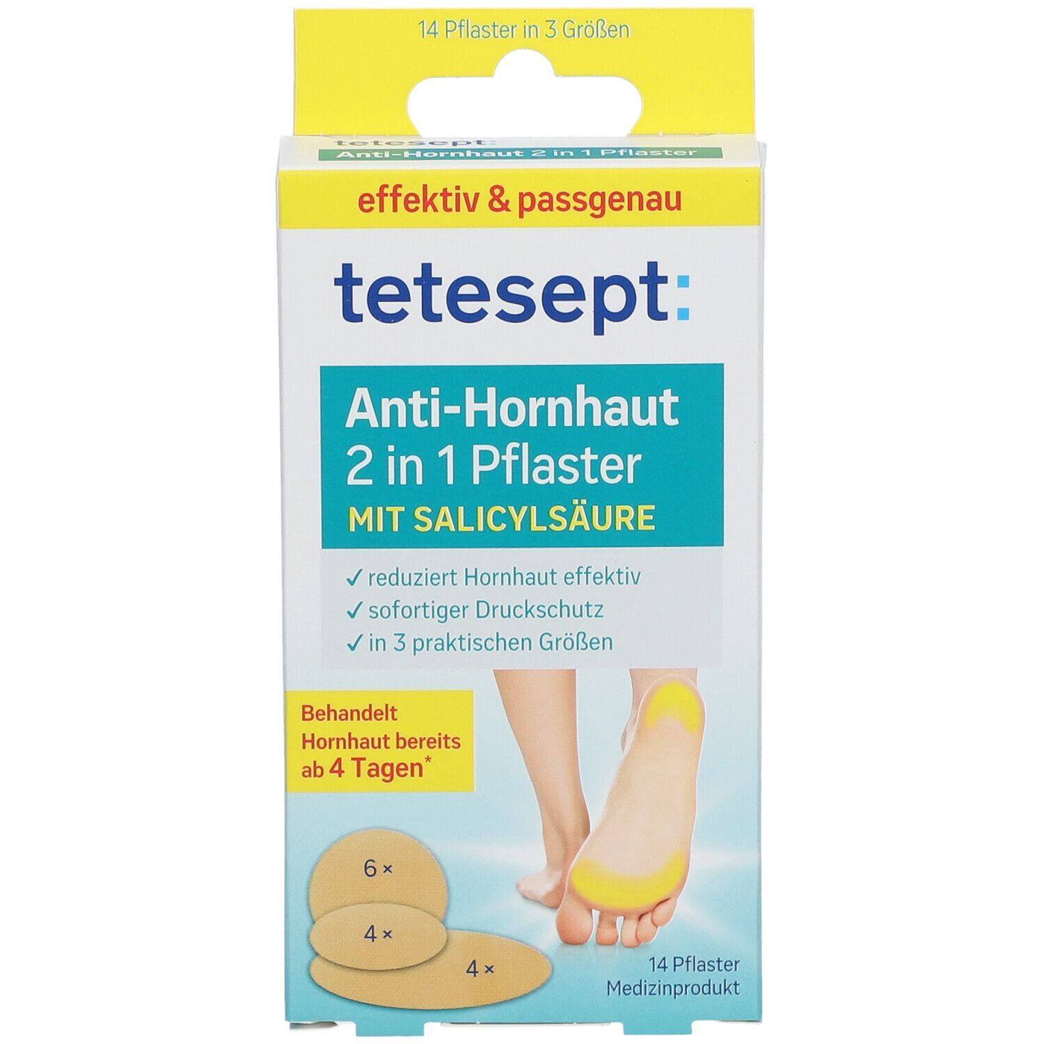 tetesept® Anti-Hornhaut 2 in 1 Pflaster Packung. Zeigt Pflaster und Fuß. Enthält 14 Pflaster in 3 Größen.