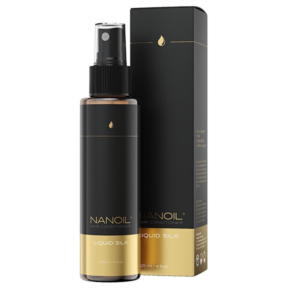 Nanoil Haarconditioner Liquid Silk in schwarzer Sprühflasche mit goldener Banderole und Schachtel.