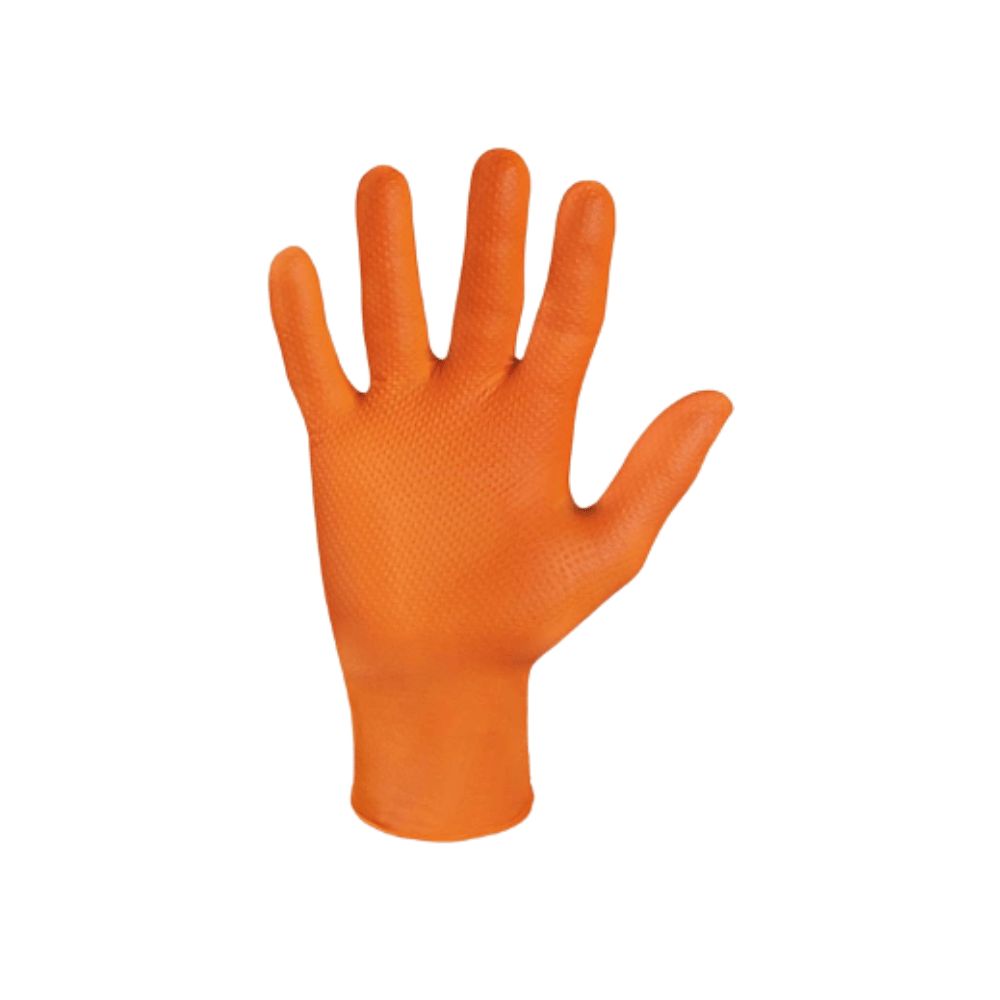 Orangefarbener Einweghandschuh mit texturierter Oberfläche für besseren Halt.