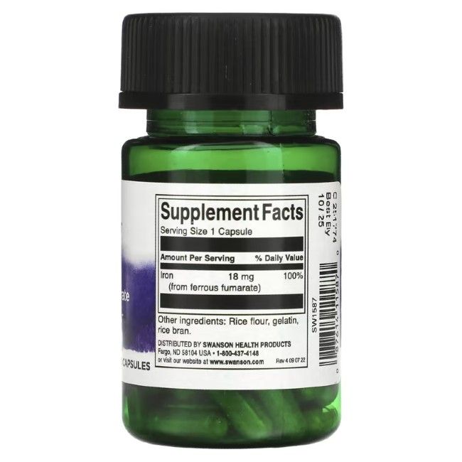 Rückansicht einer grünen Flasche mit schwarzen Deckel. Etikett mit Nährwertangaben: Eisen 18 mg (aus Ferrous Fumarat).