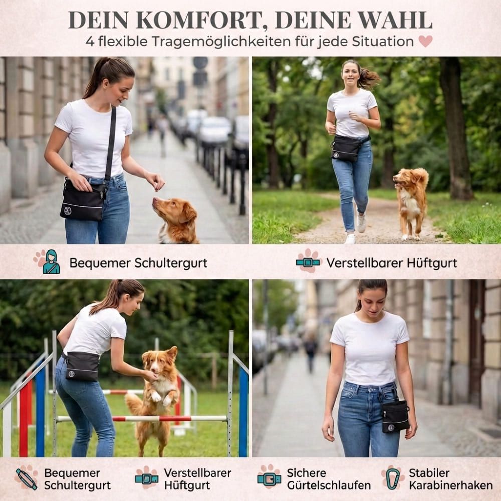 Vier Bilder zeigen die Leckerlietasche in verschiedenen Tragemöglichkeiten: Schultergurt, Hüftgurt, Karabinerhaken.
