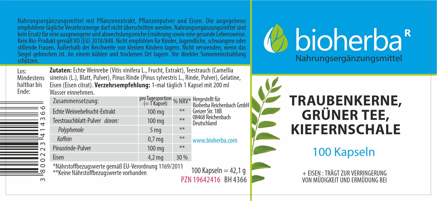 Etikett mit Produktinformationen. Aufschrift: Bioherba, Traubenkerne, Grüner Tee, Kiefernschale, 100 Kapseln. Inhaltsstoffe.