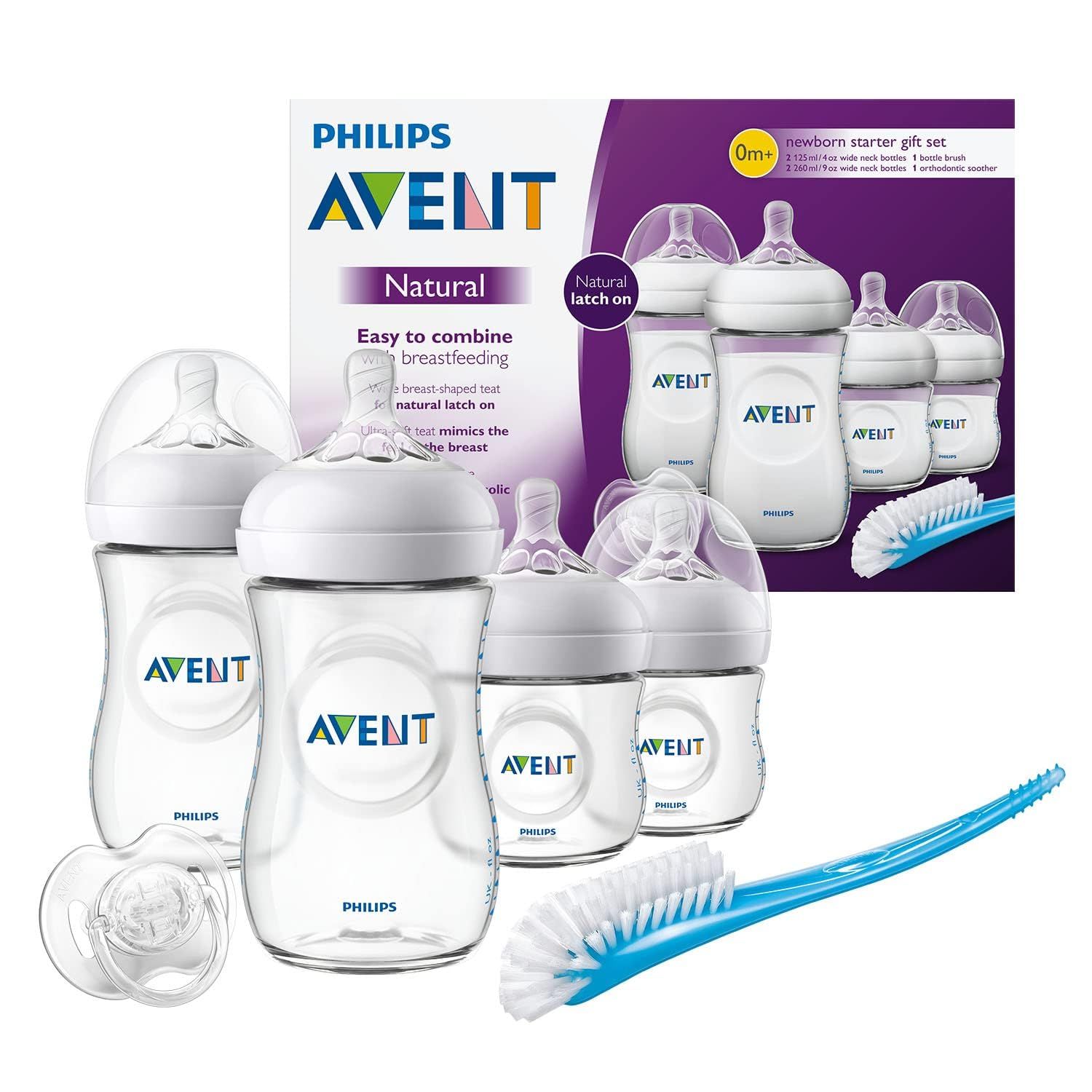 Philips Avent Babyflaschen-Set. Flaschen, Sauger, Schnuller, Reinigungsbürste. Verpackung mit Produktnamen und Logo.