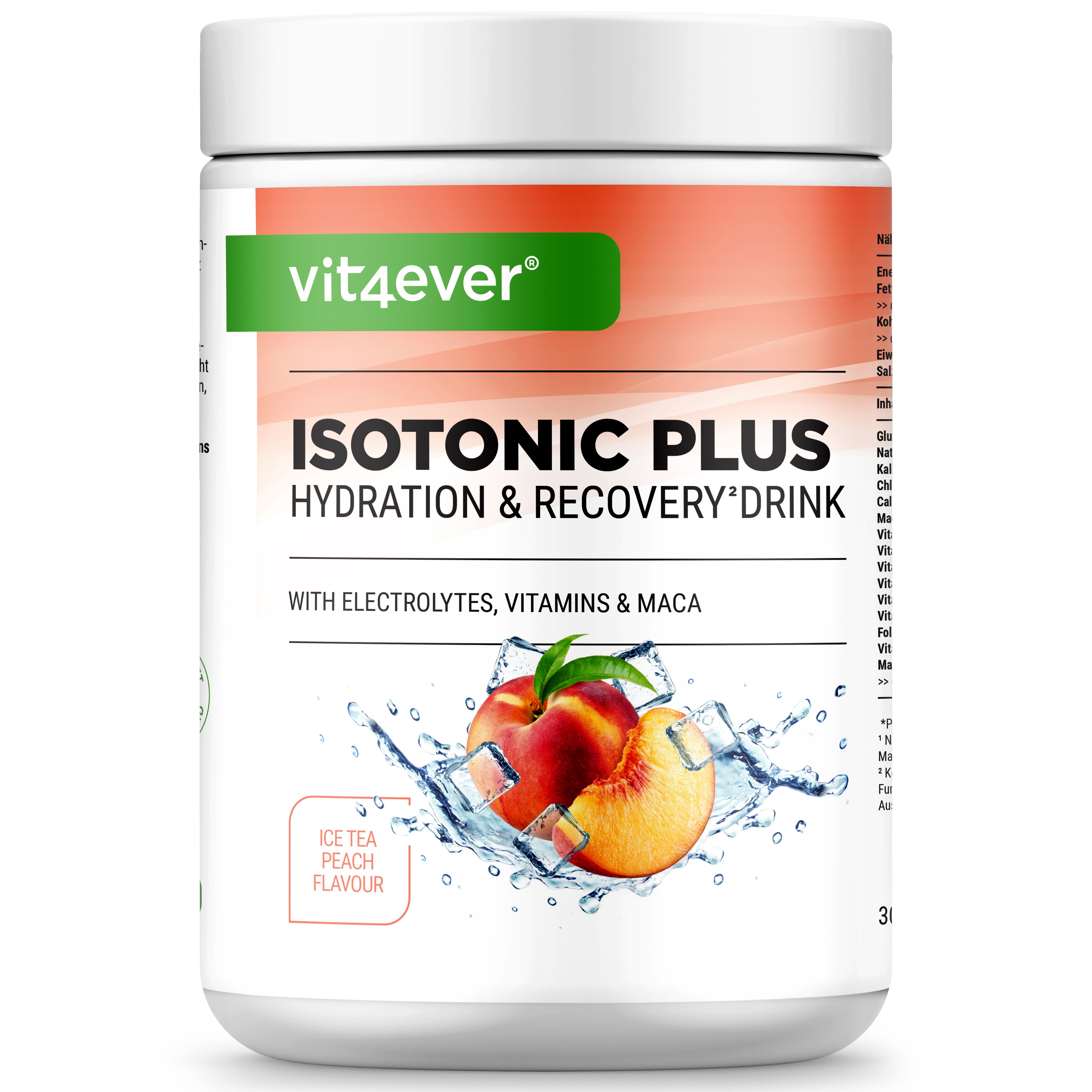Weiße Dose mit grünem Etikett. Aufschrift: vit4ever Isotonic Plus. Abbildung: Pfirsich mit Eiswürfeln. Geschmack: Ice Tea Peach.
