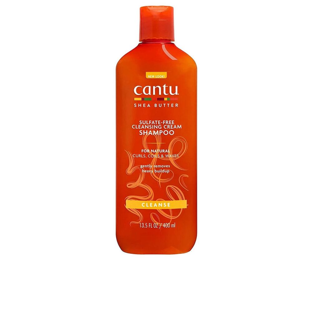Orangefarbene Flasche mit Cantu-Produkt. Aufschrift: Sulfate-Free Cleansing Cream Shampoo. Für Locken, Curls & Waves. 13.5 fl oz / 400 ml.