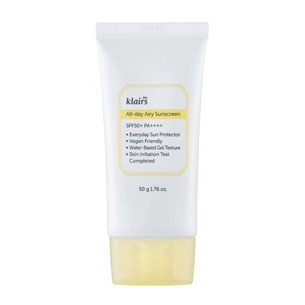 Weiße Tube mit gelbem Deckel. Aufschrift: klairs All-day Airy Sunscreen SPF50+ PA++++. 50 g 1.76 oz.