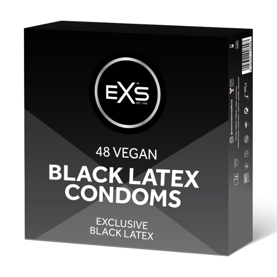 Schwarze Produktbox. Zeigt 'EXS' Logo, '48 VEGAN BLACK LATEX CONDOMS'. 'Exclusive Black Latex' Text.