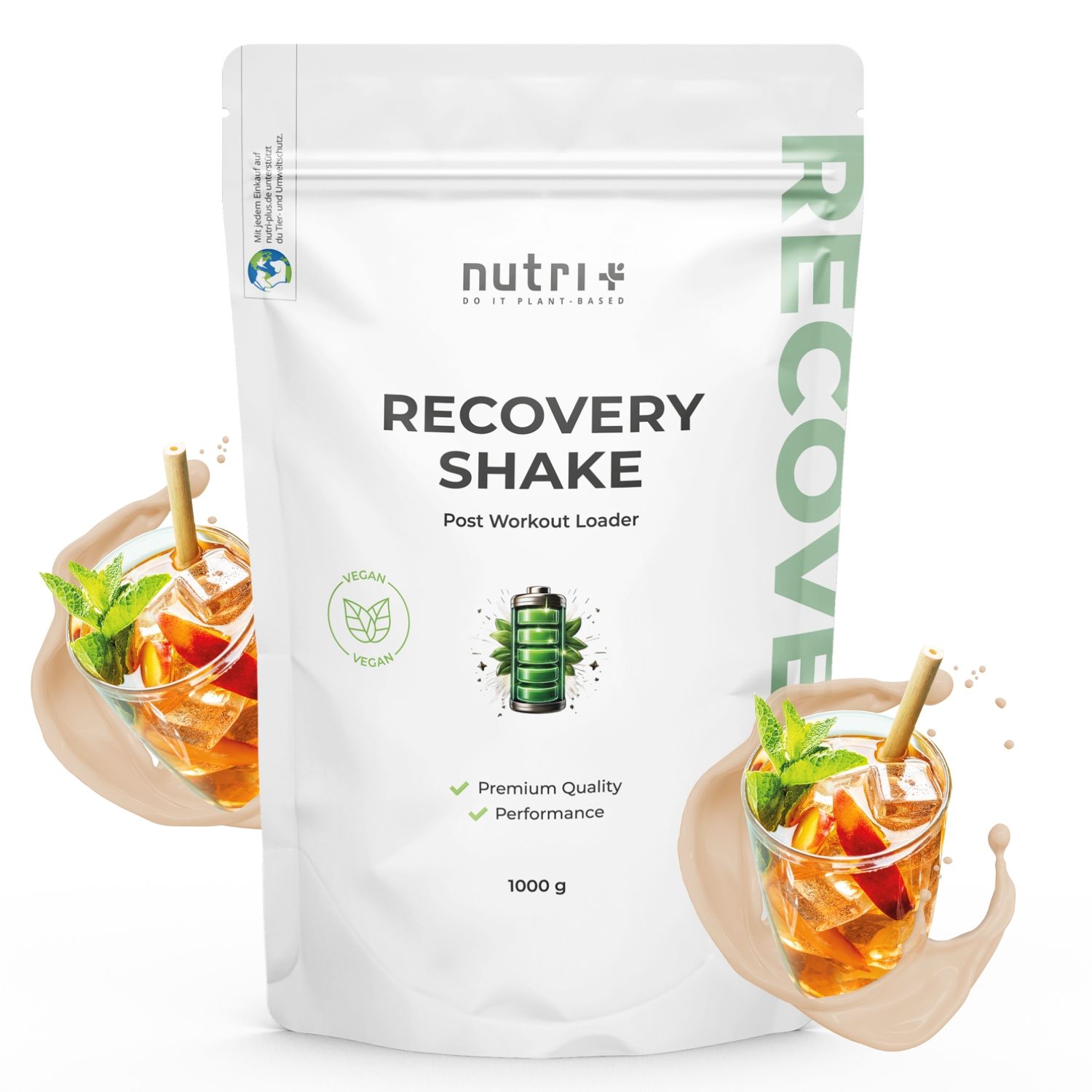 Weiße Verpackung mit Produktnamen und Logo. Getränk mit Eis und Minze. Vegan-Siegel. 1000g.