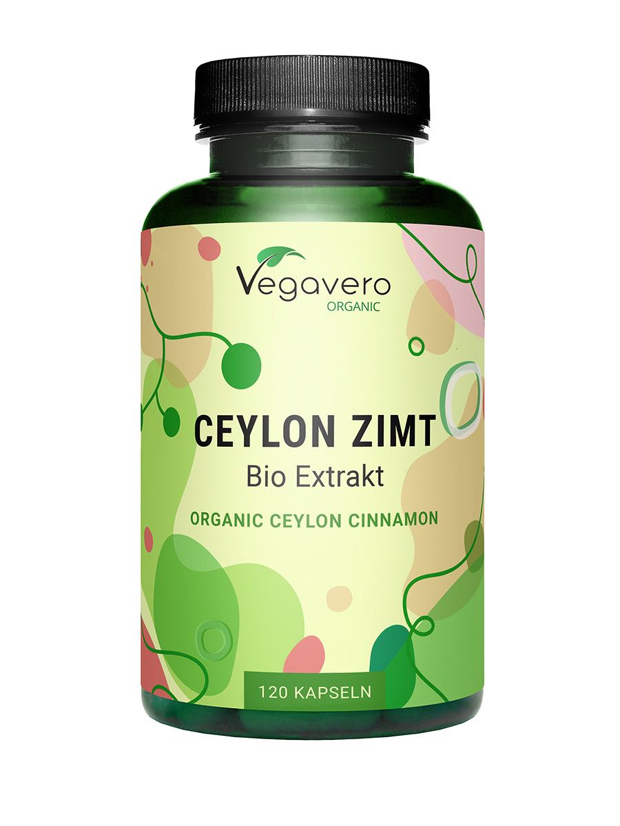 Grüne Flasche mit schwarzen Deckel. Aufschrift: Ceylon Zimt Bio Extrakt. 120 Kapseln. Vegavaro Organic Logo.