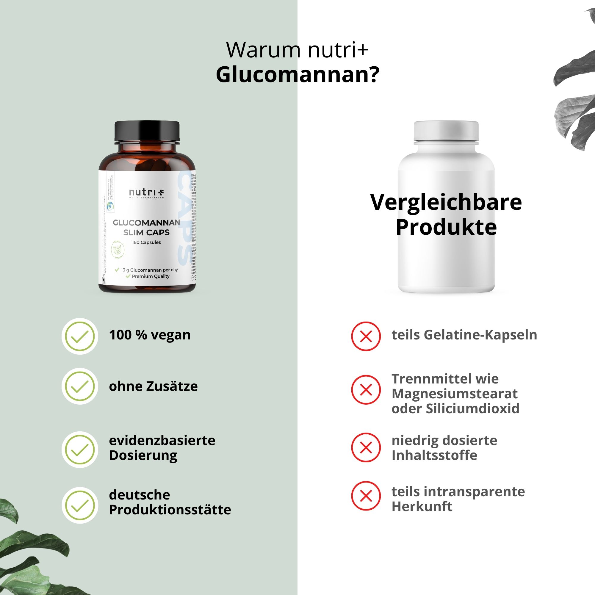Vergleich von zwei Flaschen. Links: Glucomannan Slim Caps. Rechts: Vergleichbare Produkte. 100% vegan, ohne Zusätze.