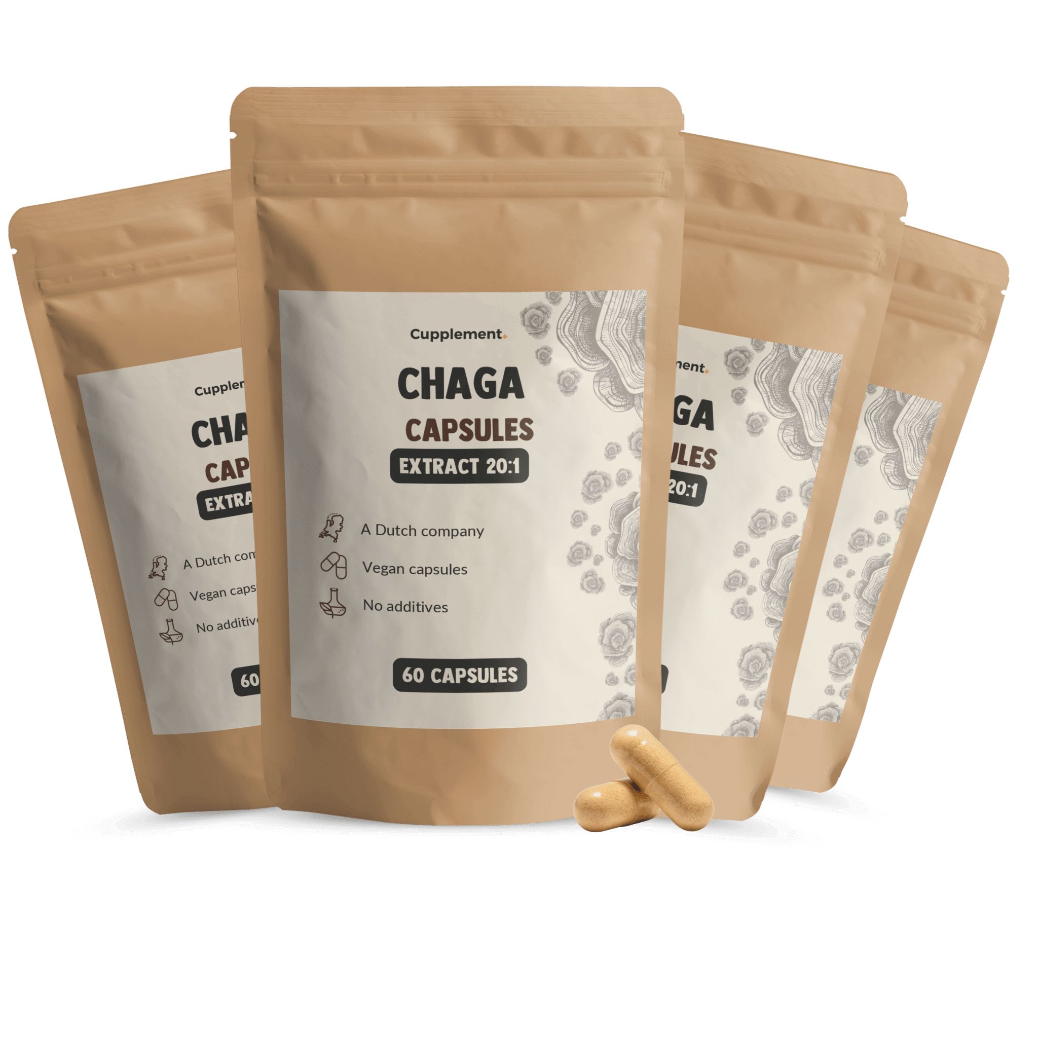 Mehrere Beutel mit Chaga-Kapseln. Aufschrift: Chaga Capsules Extract 20:1. 60 Kapseln. Zwei Kapseln liegen daneben.