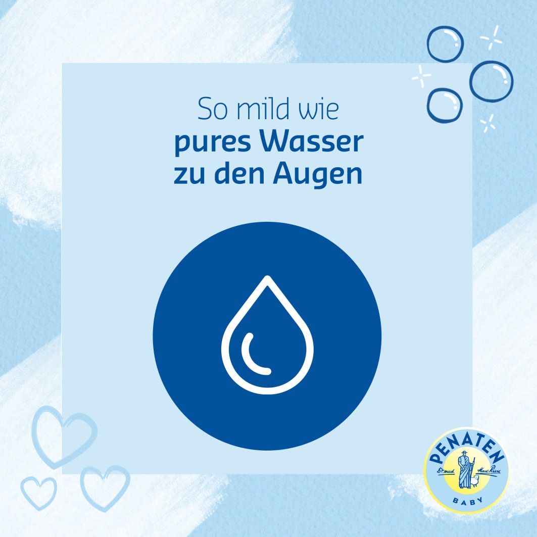 Blauer Hintergrund mit Wassertropfen-Symbol. Text: So mild wie pures Wasser zu den Augen. Penaten Baby Logo.