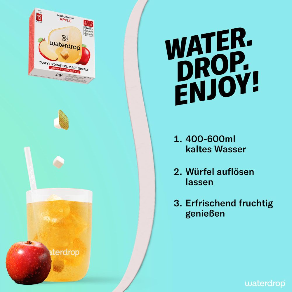 Glas mit gelber Flüssigkeit, Apfelstückchen. Text: Water. Drop. Enjoy! 1. 400-600ml kaltes Wasser. 2. Würfel auflösen lassen. 3. Erfrischend fruchtig genießen.