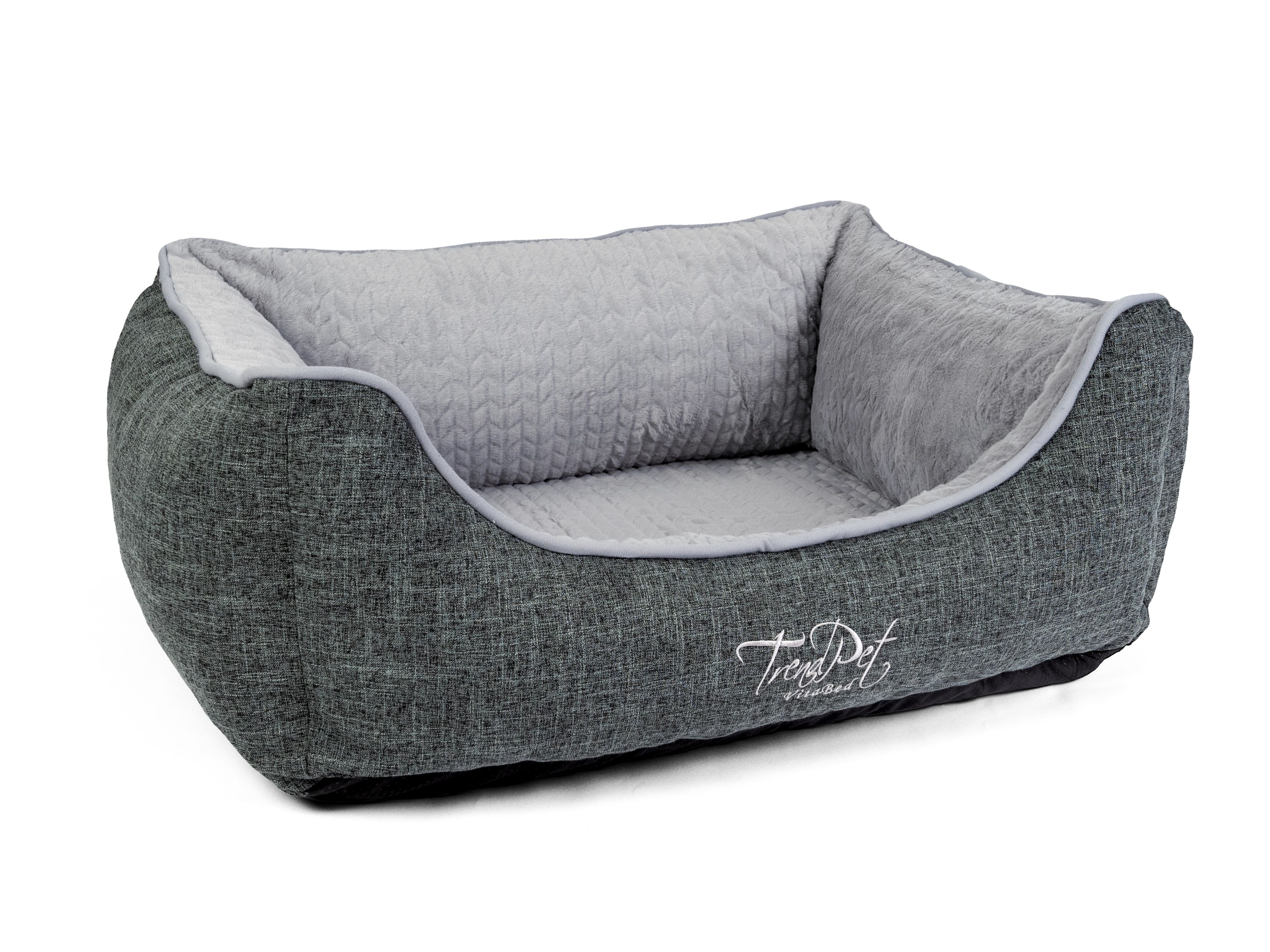 Graues Hundebett mit grauem Innenfutter. TrendPet VitaBed-Logo.