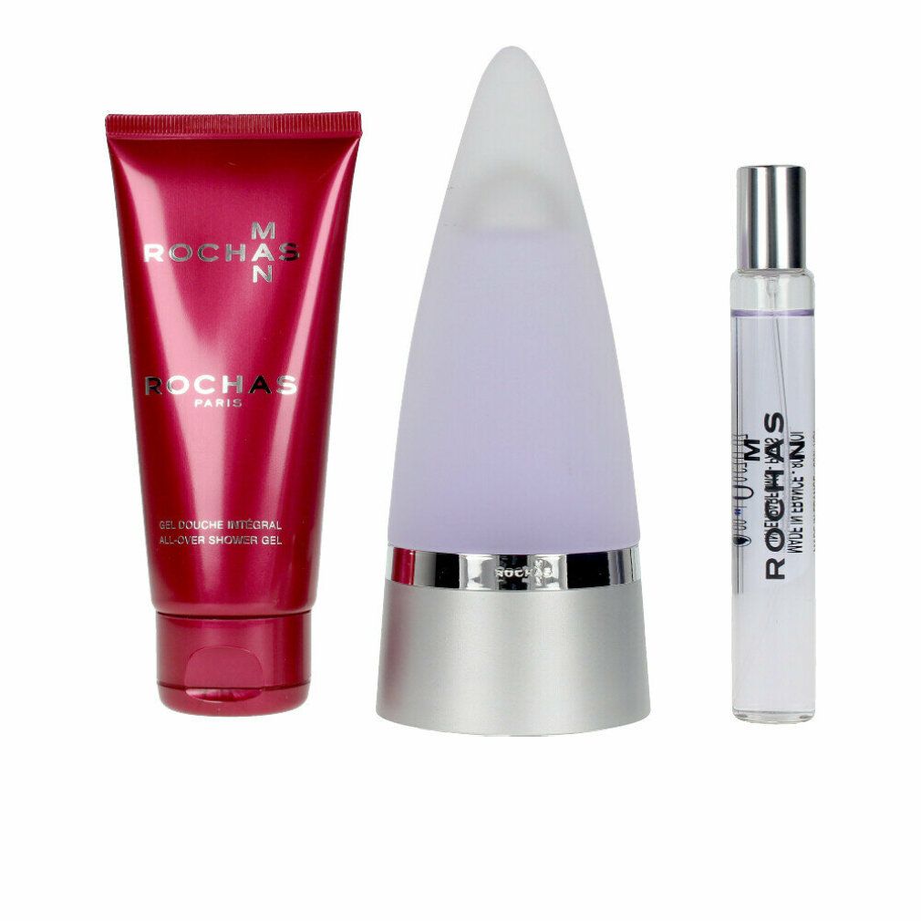 Drei-Artikel-Set. Roter Duschgel-Tuben, silber-weißer Flakon und Zerstäuber. Text: Rochas Man.