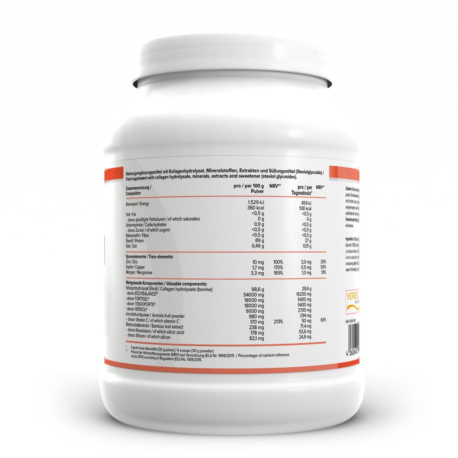 Weißes Produktglas mit Etikett. Nährwertangaben und Inhaltsstoffe sind aufgedruckt. Orangefarbene Akzente.