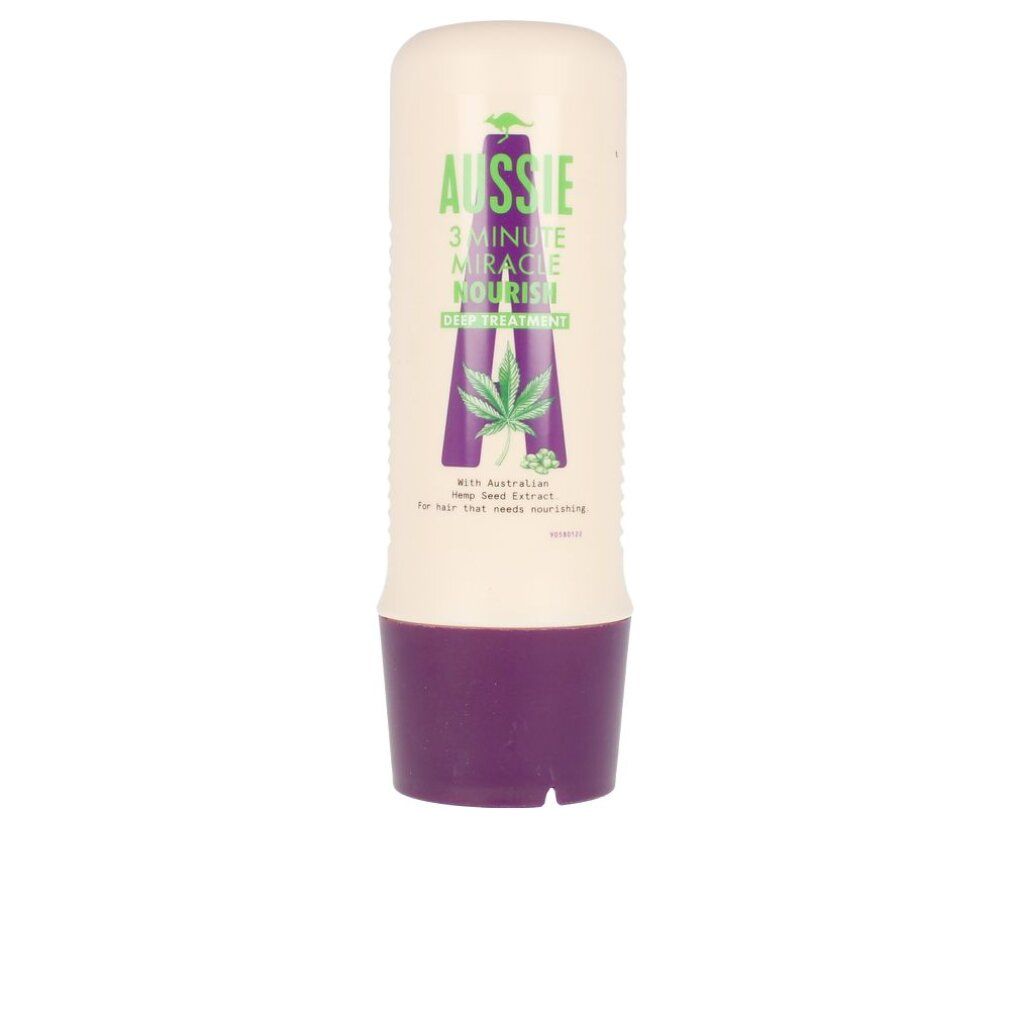Beige Tube mit lila Boden. Aufschrift: Aussie 3 Minute Miracle Nourish Deep Treatment. Mit Hanfsamenextrakt.