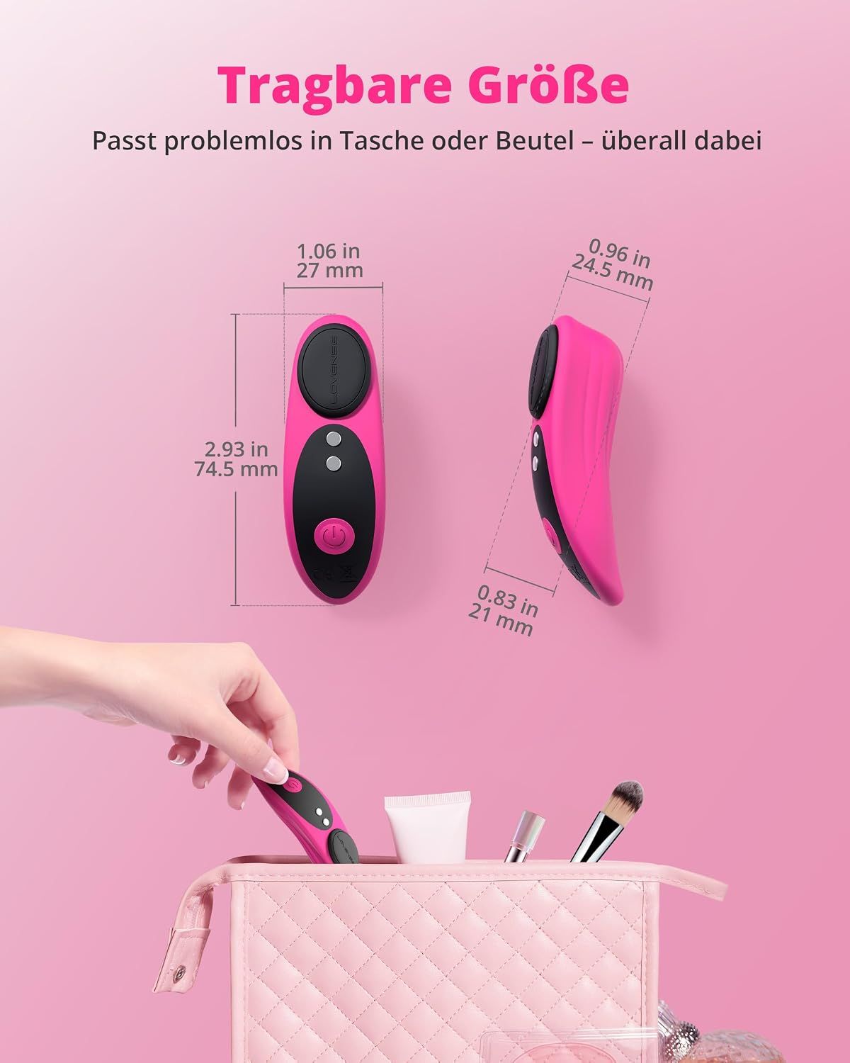 Abmessungen eines pinken Controllers: 74.5mm x 27mm x 21mm. Passt in eine Kosmetiktasche.