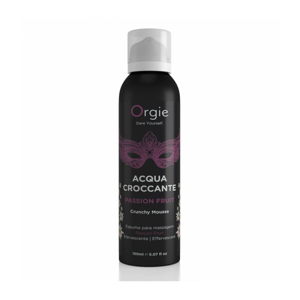 Orgie Acqua Croccante Knister-Schaum Passionsfrucht 150 ml, schwarze Dose mit Masken-Design.
