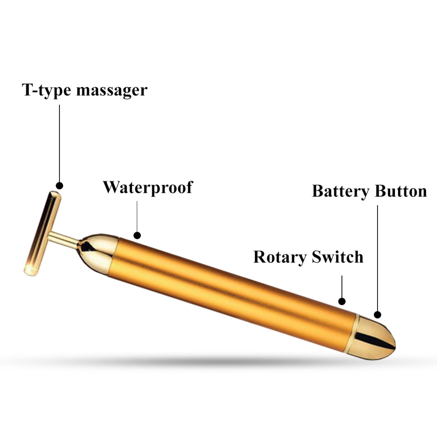 Goldfarbener Gesichtsmassager T-Bar. Beschriftungen: "T-type massager", "Waterproof", "Battery Button", "Rotary Switch".
