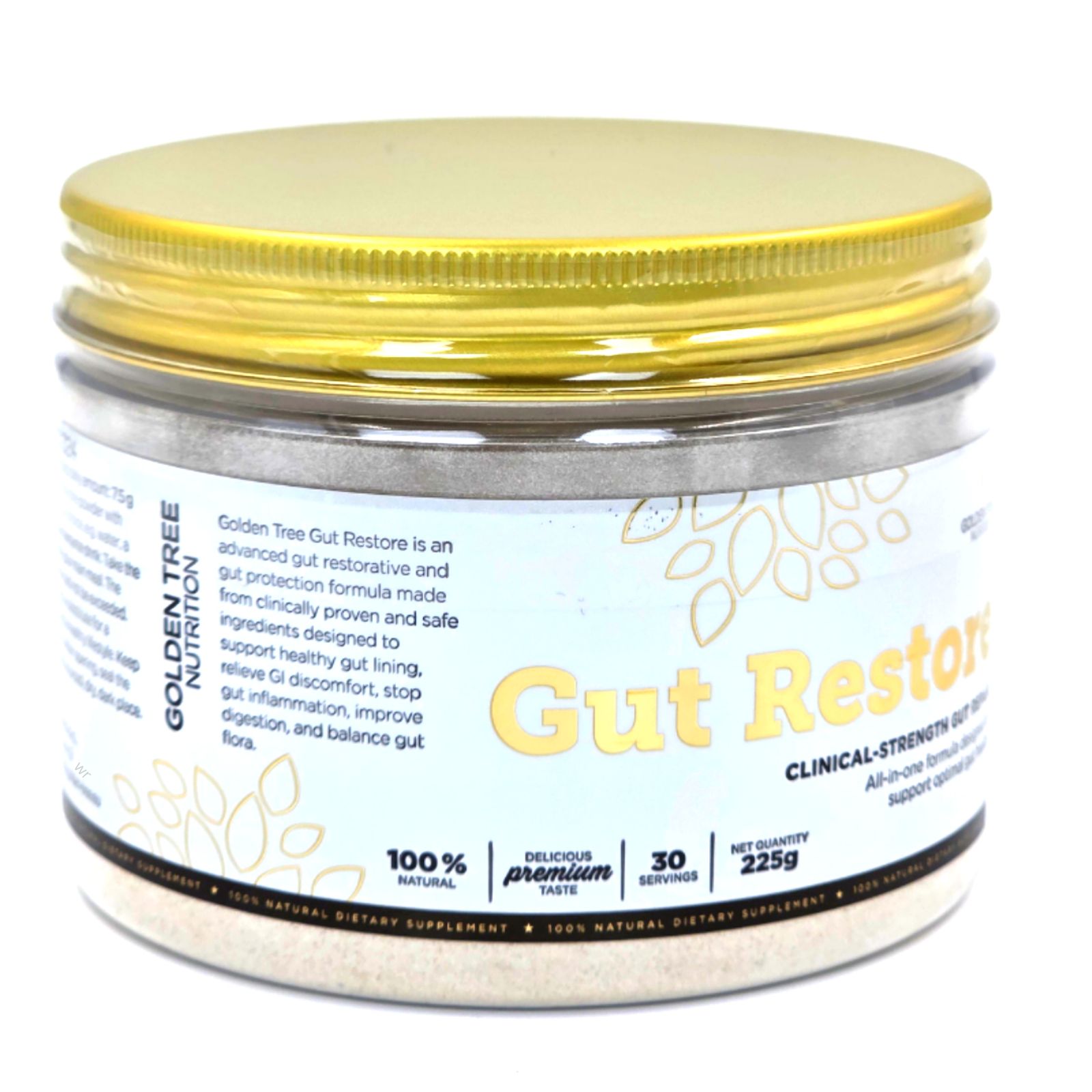 Behälter mit Gut Restore. Weißes Pulver, goldener Deckel. Aufschrift: Gut Restore, Golden Tree Nutrition, 30 Portionen, 225g.