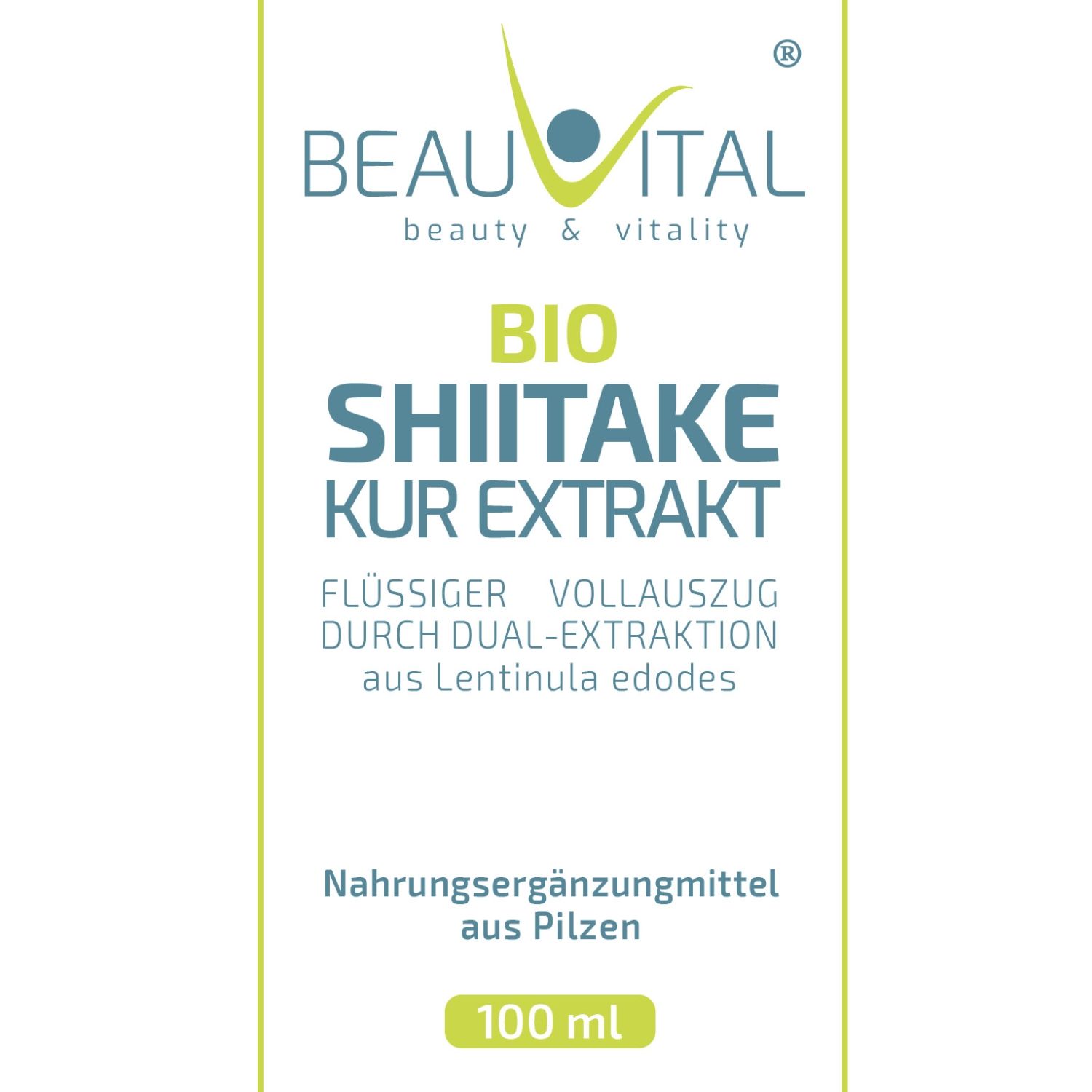 Etikett mit Produktnamen BIO SHIITAKE KUR EXTRAKT, Beschreibung und 100 ml Angabe.
