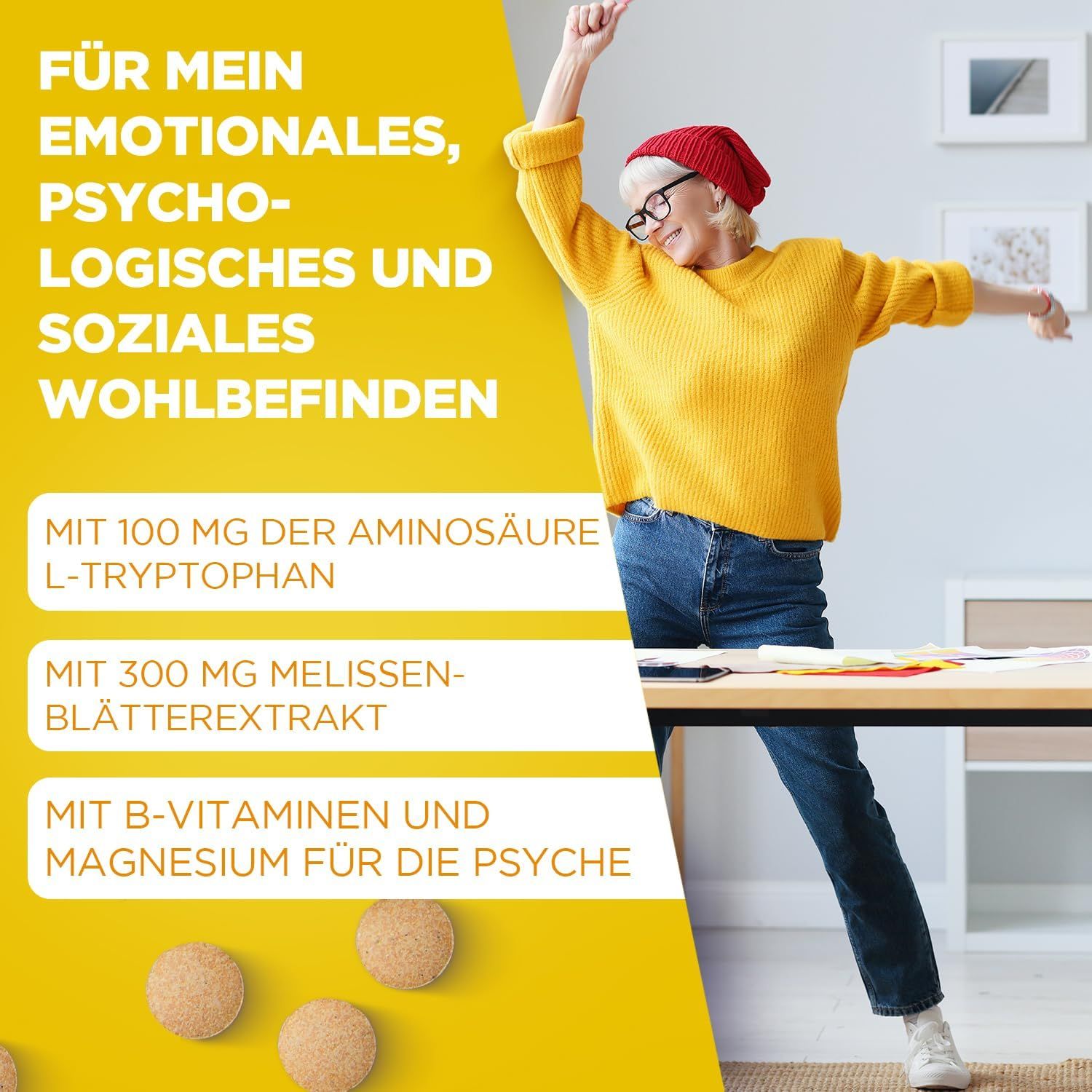 Ältere Frau tanzt. Text: Für mein emotionales, psychologisches und soziales Wohlbefinden. Tabletten von sanotact Glücksgefühl.