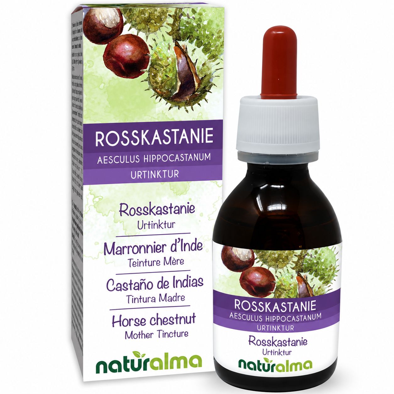 Flasche mit Pipette und Kartonverpackung für Rosskastanie Urtinktur von Naturalma.