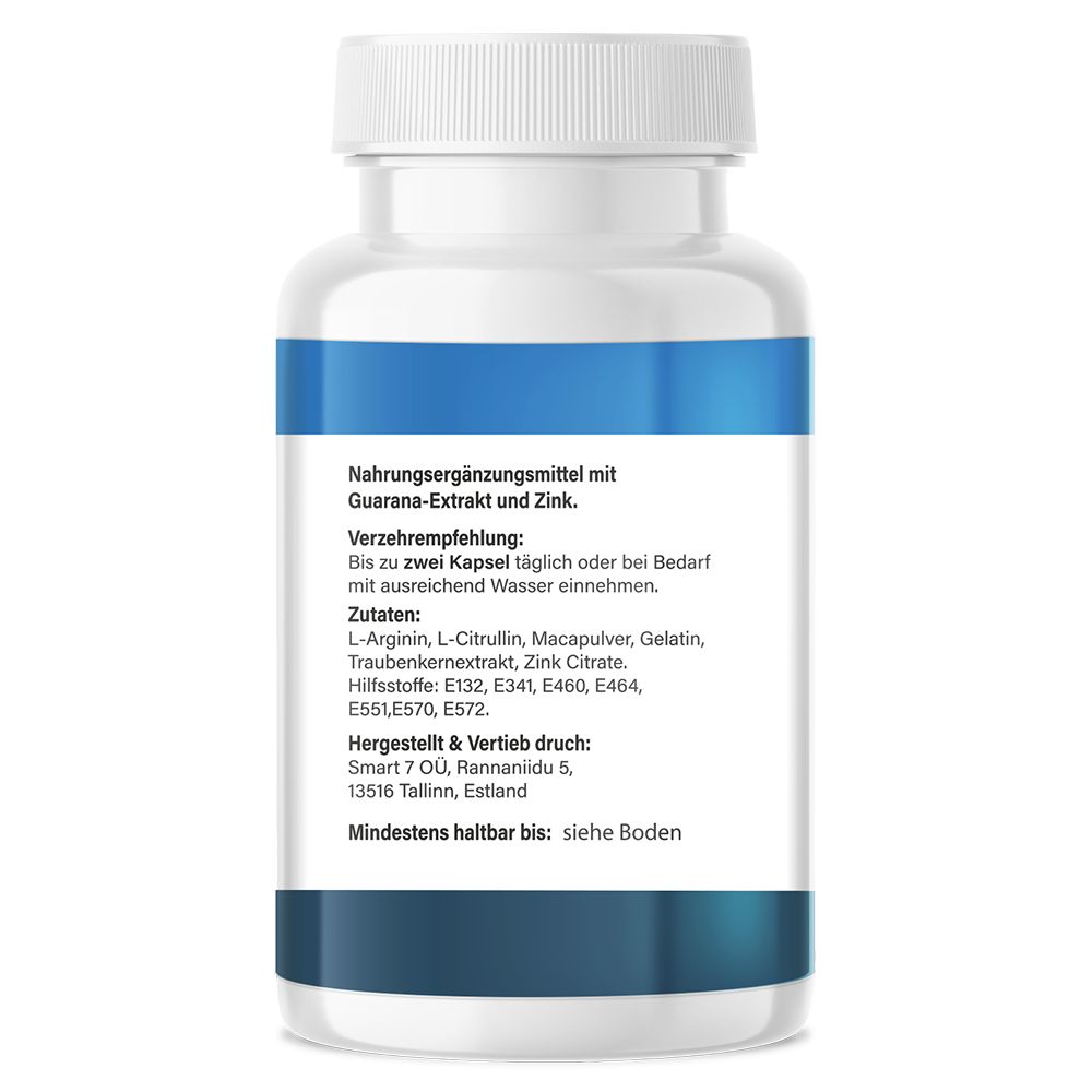 Rückseite einer weißen Flasche mit blauen Streifen. Text: Nahrungsergänzungsmittel mit Guarana-Extrakt und Zink. Inhaltsstoffe, Verzehrempfehlung.