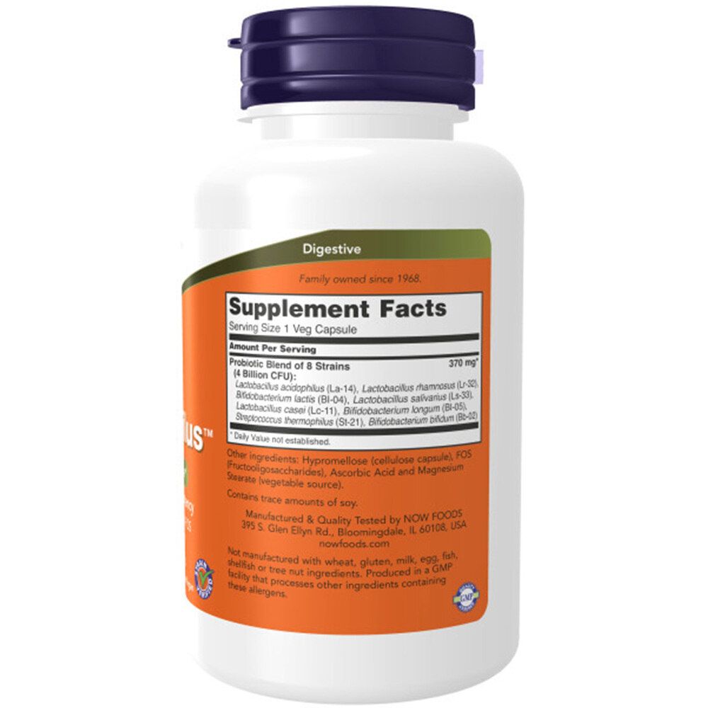 Weiße Flasche mit blauem Deckel. Orangefarbenes Etikett mit Text: Supplement Facts, 8 Stämme, 4 Milliarden Potenz. NOW Foods, Gr8-Dophilus.