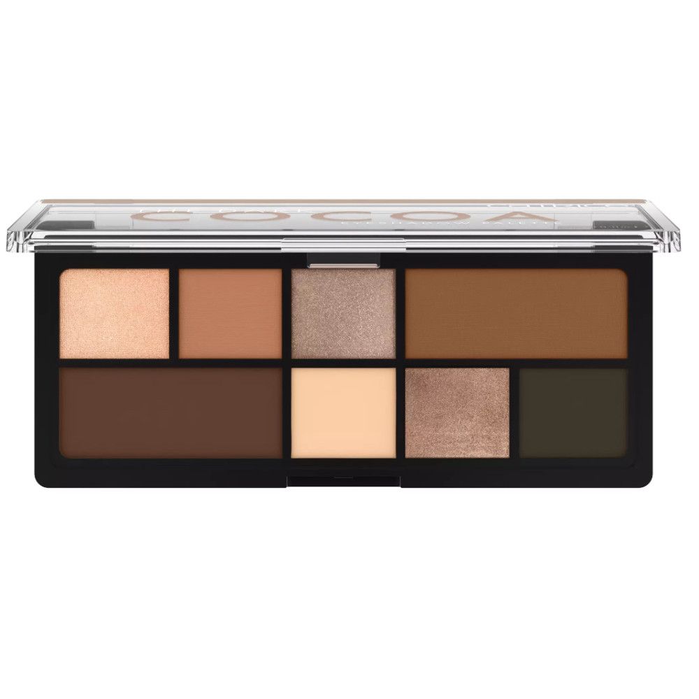 Lidschattenpalette mit neun Farbtönen in Braun- und Beigetönen. Schwarzer Rahmen, transparente Abdeckung. Aufschrift: COCOA.