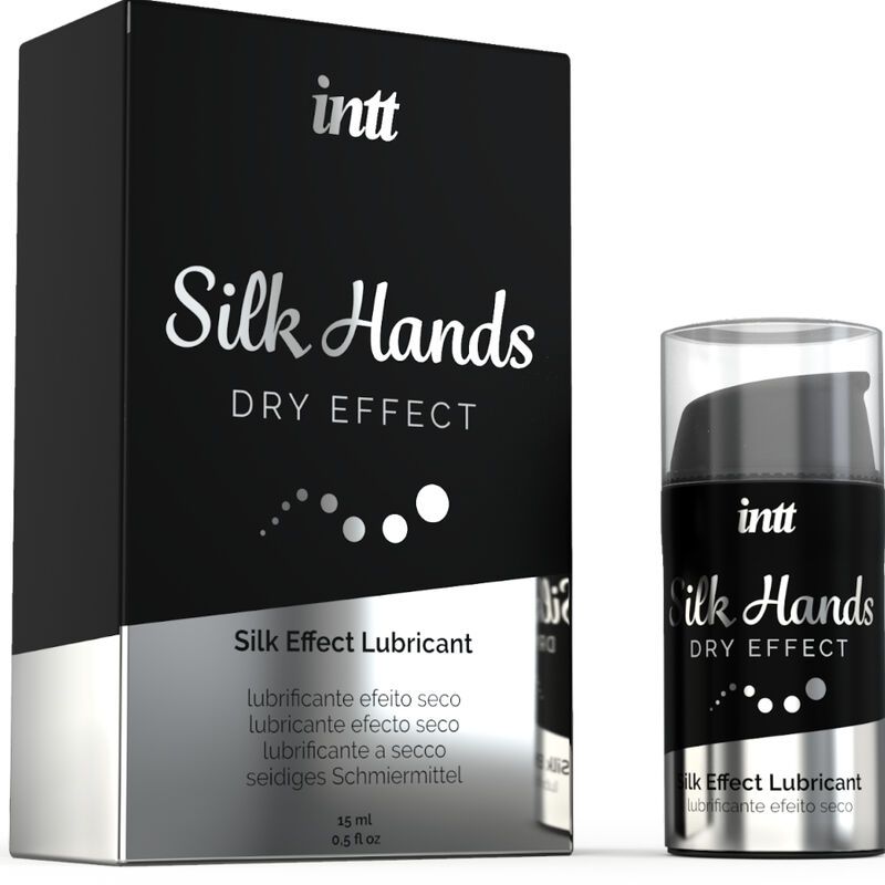 Schwarze Schachtel und Flasche. Aufschrift: intt Silk Hands DRY EFFECT Silk Effect Lubricant. 15 ml.