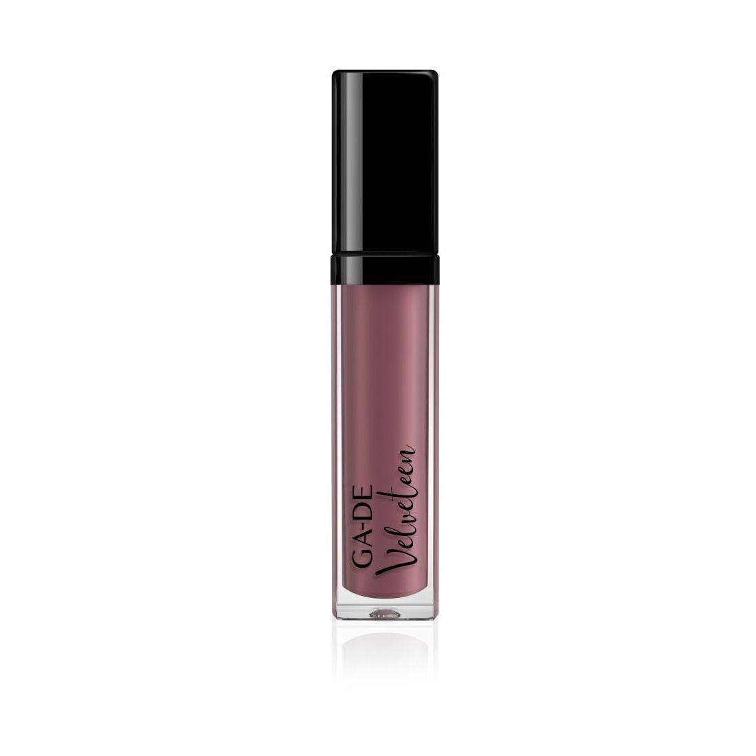 Lippen-Gel mit schwarzem Deckel. Auf dem transparenten Behälter steht "GA-DE Velveteen". Die Farbe ist ein dunkles Rosa.