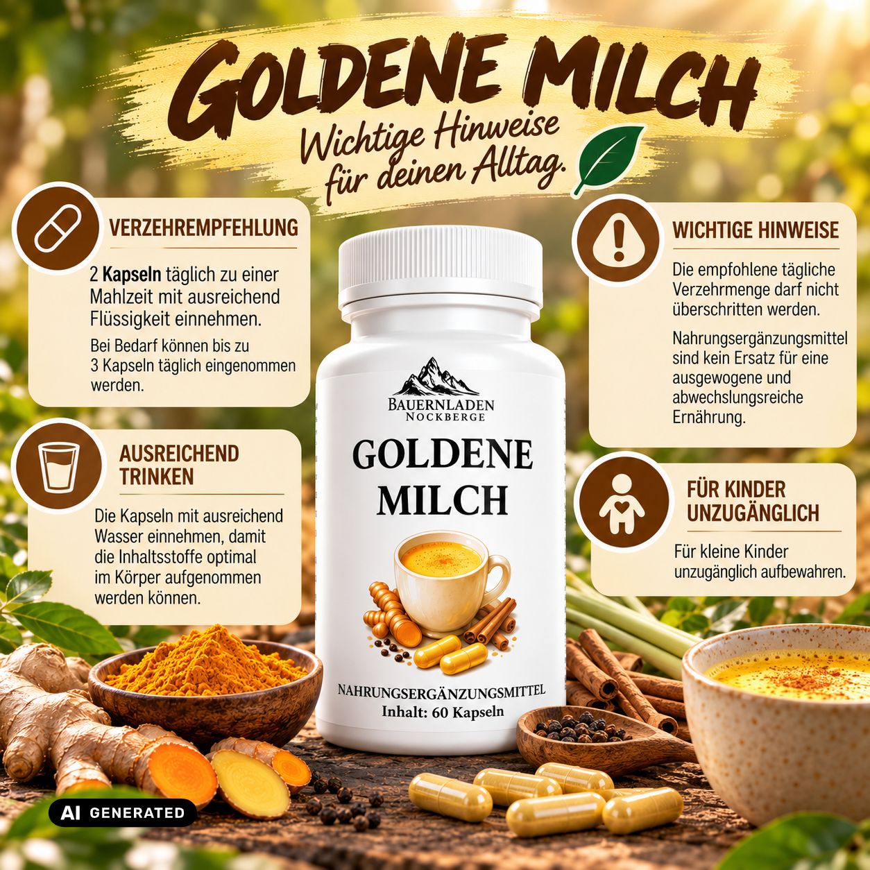 Flasche Goldene Milch Kapseln mit 60 Kapseln, mit Zutaten wie Kurkuma und Ingwer.