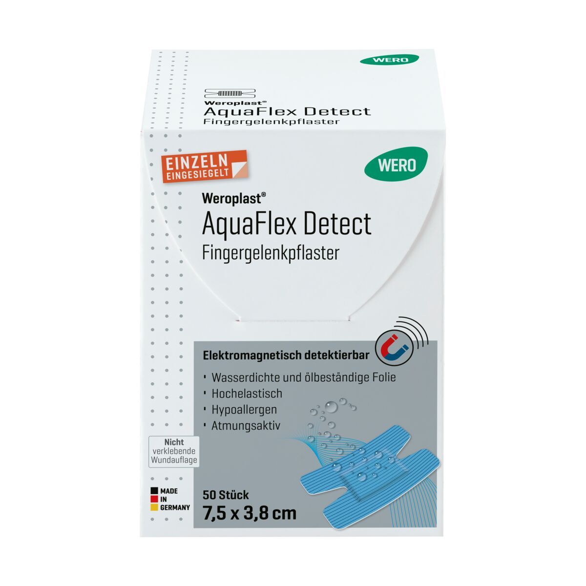 WERO AquaFlex Detect Fingergelenkpflaster, 50 Stück, 7,5 x 3,8 cm, elektromagnetisch detektierbar, wasserdicht, hochelastisch, hypoallergen, atmungsaktiv.