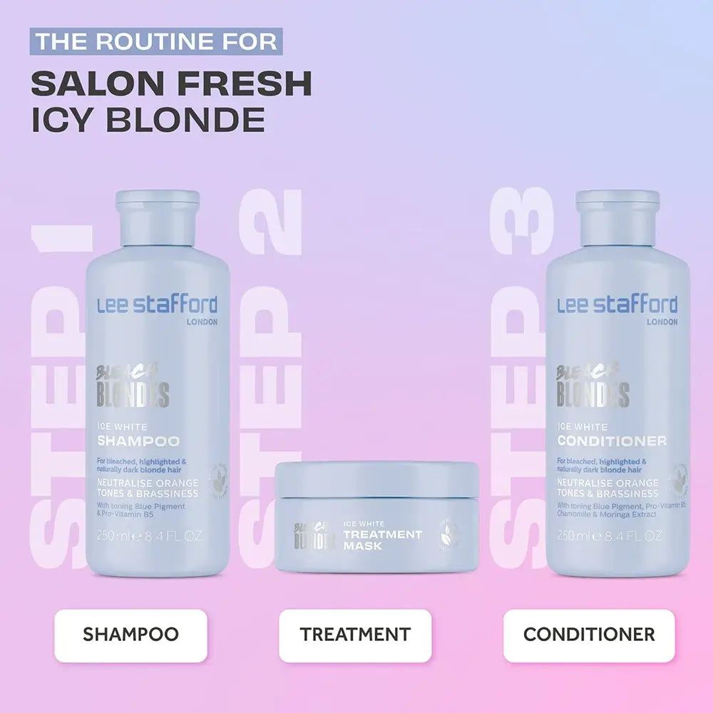 Drei Produkte von Lee Stafford: Shampoo, Maske und Conditioner für "Salon Fresh Icy Blonde".