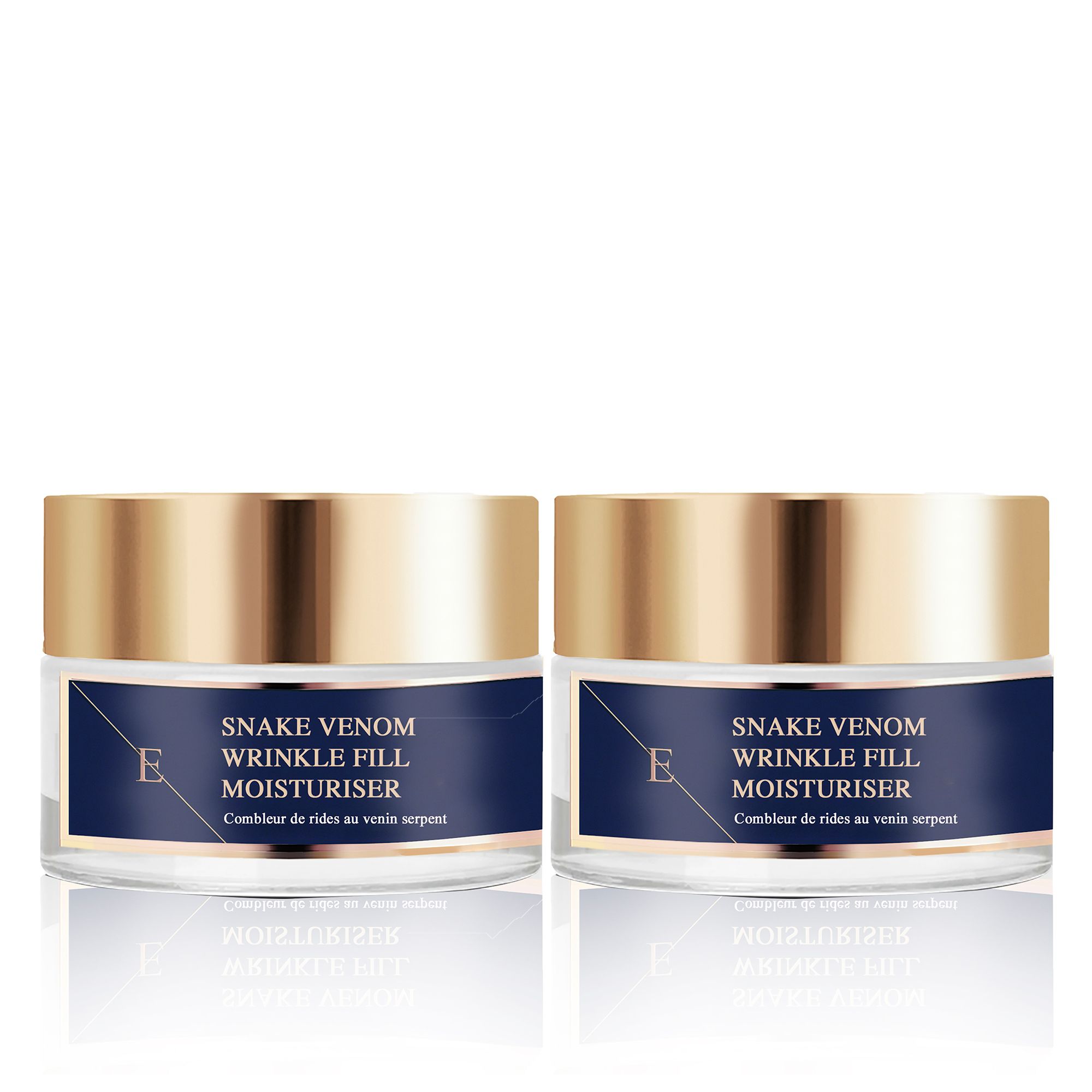 Zwei Tiegel Feuchtigkeitscreme mit goldenen Deckeln. Blaue Etiketten mit Text: Snake Venom Wrinkle Fill Moisturiser.